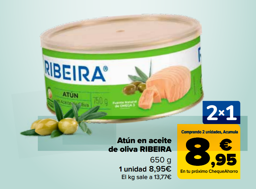 Oferta 2x1 en atún en aceite de oliva RIBEIRA en Carrefour