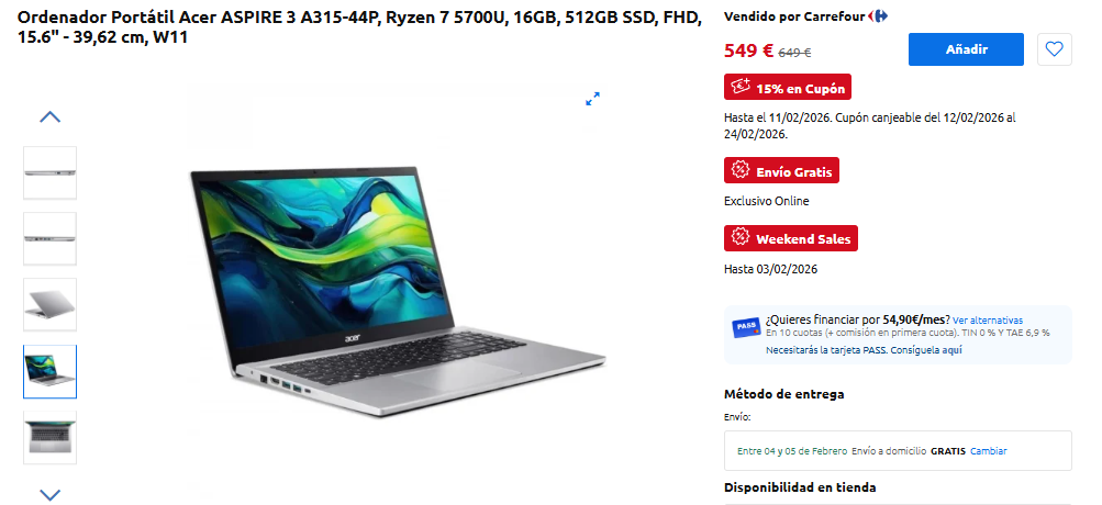 15% de descuento en portátiles ASUS y ACER en Carrefour hasta el 11 de febrero