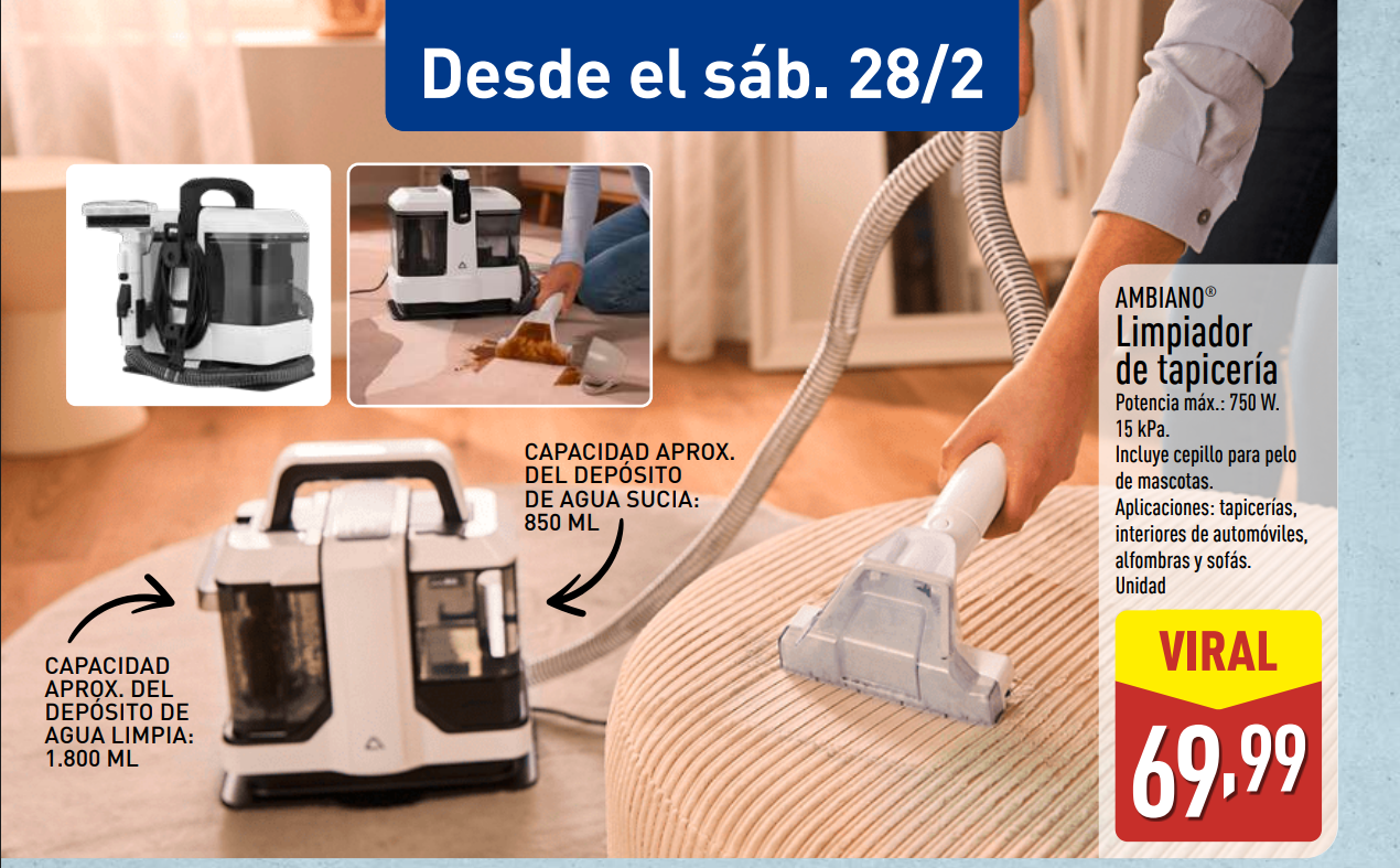 Limpiador de tapicería AMBIANO en ALDI por 69,99 €: potencia y limpieza profunda para sofás, alfombras y coche