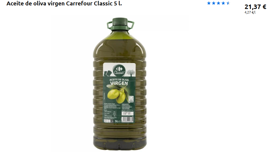 Precio aceite de oliva virgen Carrefour Classic 5 L Precio aceite de oliva virgen Carrefour Classic 5 L