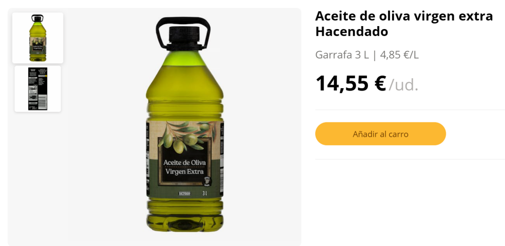 Precio aceite de oliva virgen extra Hacendado Mercadona mayo 2026