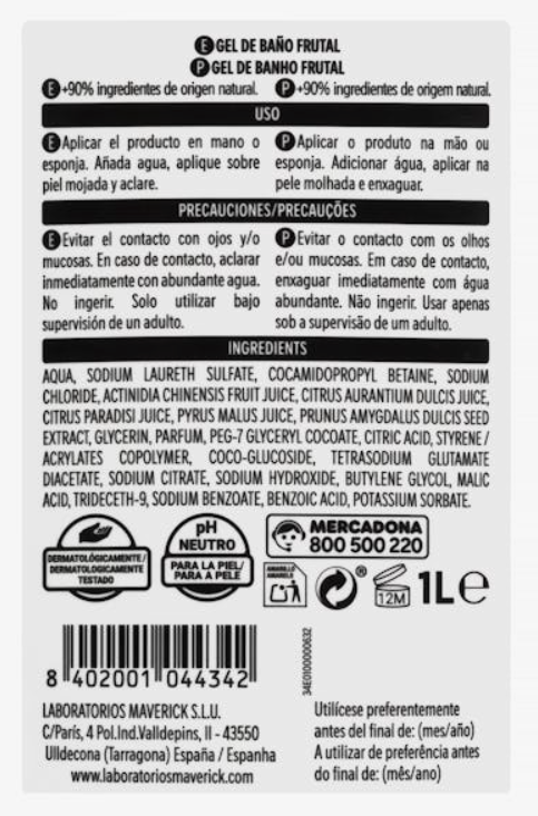 Gel de baño Frutal Deliplus piel normal 1 L: limpieza diaria fresca y económica en Mercadona