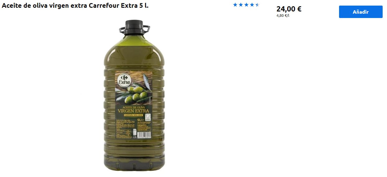 Precio aceite de oliva virgen extra Carrefour 5 litros en abril de 2026 Precio aceite de oliva virgen extra Carrefour 5 litros en abril de 2026