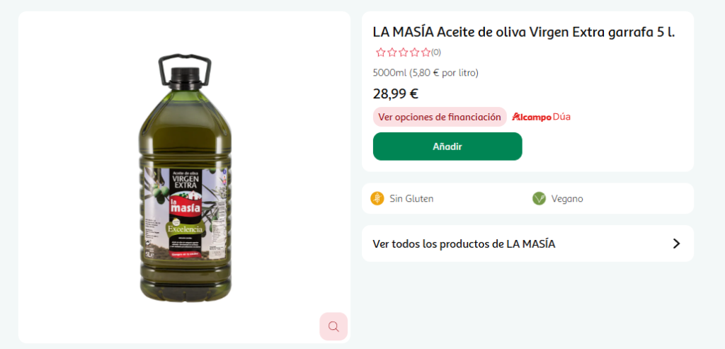 Precio aceite de oliva virgen extra La Masía 5 litros