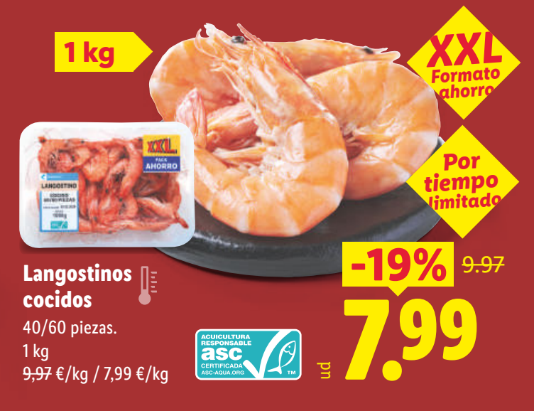 Langostinos cocidos en oferta en Lidl: 1 kg por 7,99 €;
