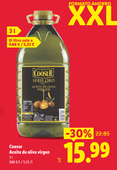 Precio aceite de oliva en LIDL abril 2026: oferta Coosur 3 litros al -30% Precio aceite de oliva en LIDL abril 2026: oferta Coosur 3 litros al -30%