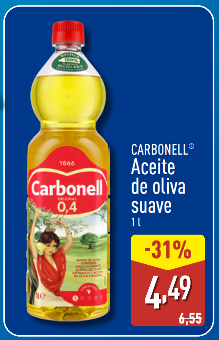 Precio aceite de oliva en Aldi mayo 2026: oferta Carbonell 1 litro al -31% Precio aceite de oliva en Aldi mayo 2026: oferta Carbonell 1 litro al -31%