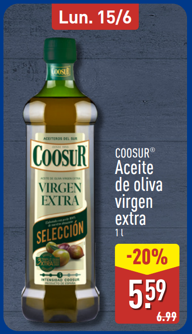 Precio aceite de oliva virgen extra Coosur en Aldi junio 2026: oferta 1 litro al -20% Precio aceite de oliva virgen extra Coosur en Aldi junio 2026: oferta 1 litro al -20%