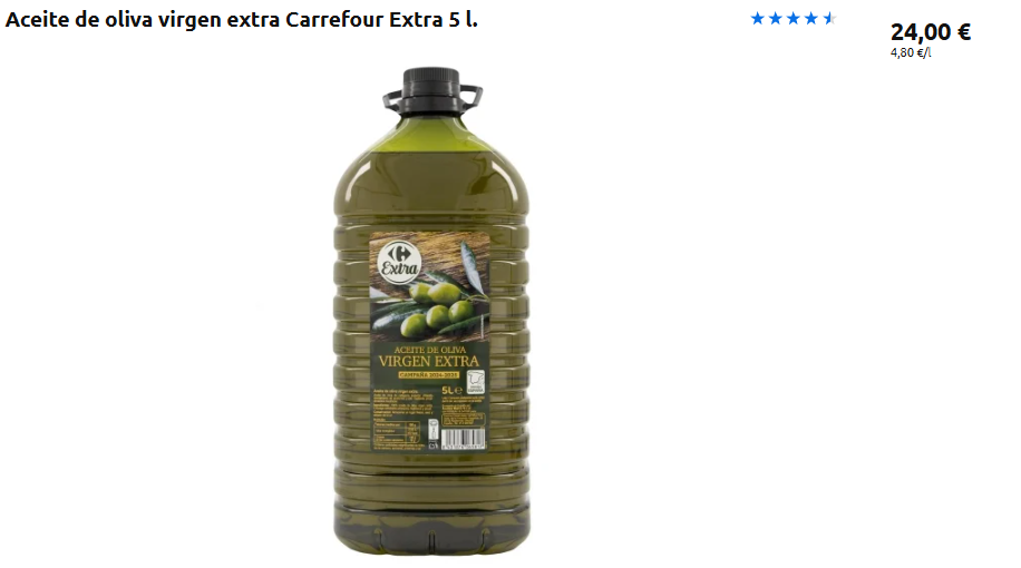 Precio aceite de oliva virgen extra Carrefour 5 litros en junio de 2026 Precio aceite de oliva virgen extra Carrefour 5 litros en junio de 2026