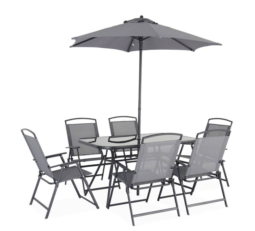 Mesa de jardín de acero con 6 sillas y sombrilla por 251,99 €: Oferta en Carrefour
