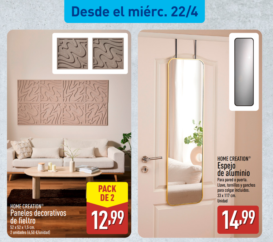 Paneles decorativos de fieltro y espejo de aluminio.