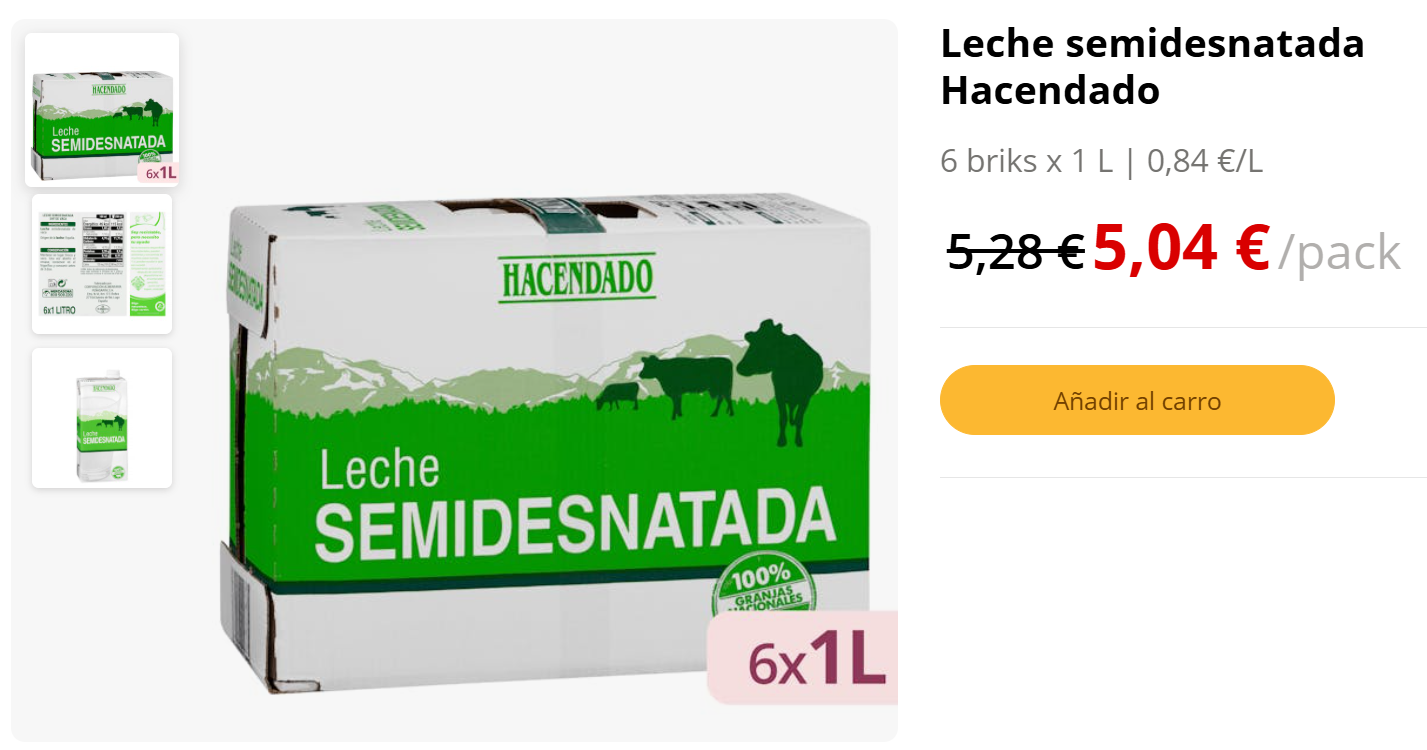 leche semidesnatada Hacendado a precio rebajado por tiempo limitado leche semidesnatada Hacendado a precio rebajado por tiempo limitado