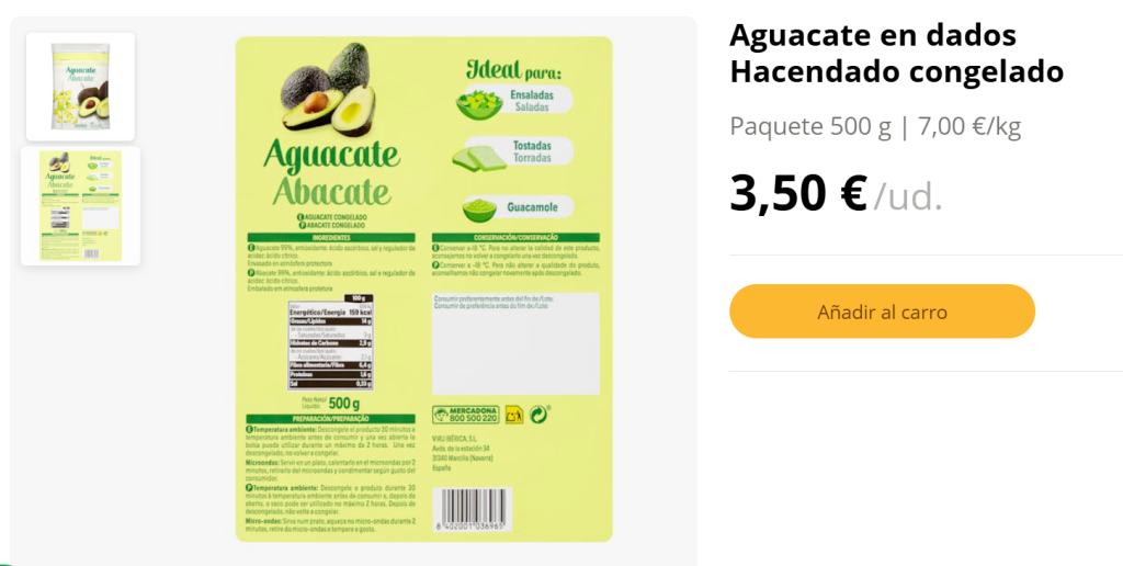 Aguacate en dados Hacendado congelado