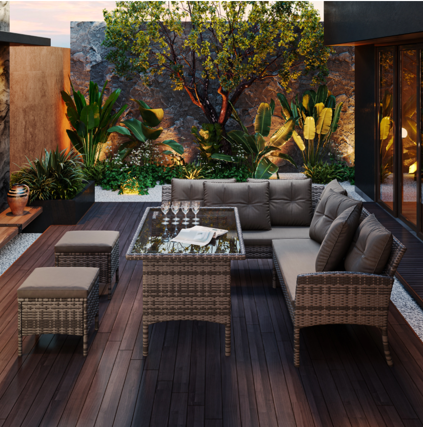 Leroy Merlin rebaja este conjunto de jardín para 7 personas: sofá, mesa y taburetes por 520 €
