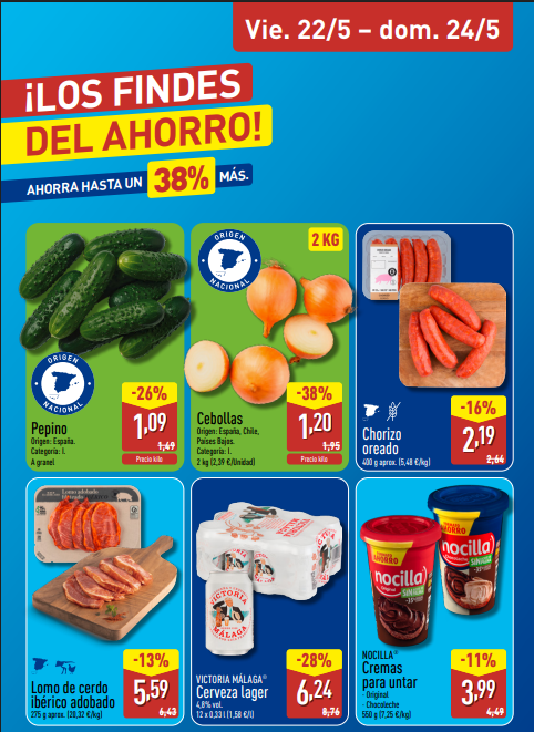 Los Findes del ahorro en ALDI desde el 18 de mayo: ofertas en fruta, carne, embutido y Nocilla con descuentos de hasta el 38 %