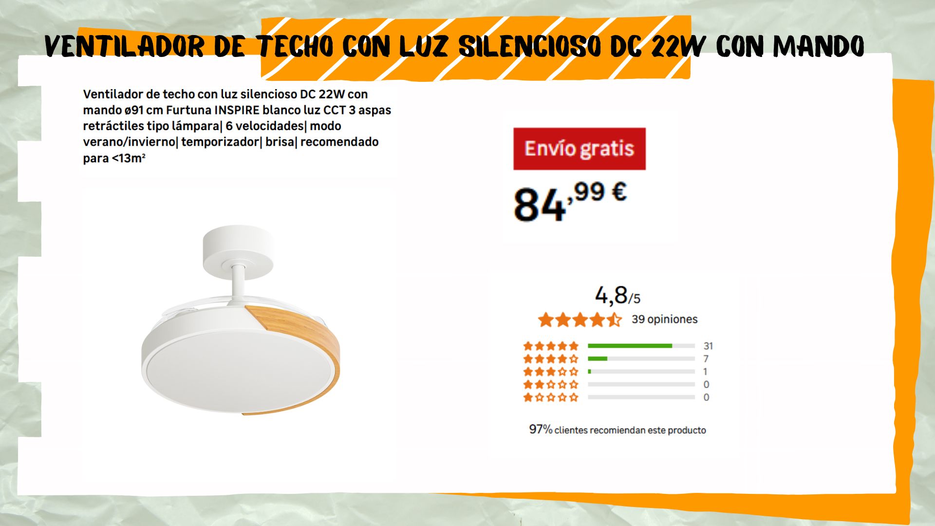 Ventilador de techo con luz silencioso DC 22W con mando ventilador de techo silencioso que muchos estaban esperando por menos de 85 euros