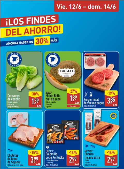 Fin de semana del ahorro en ALDI disponible del 12 al 14 de junio de 2026: hamburguesas, melón Bollo, chorizo y mucho más con descuentos de hasta el 30%