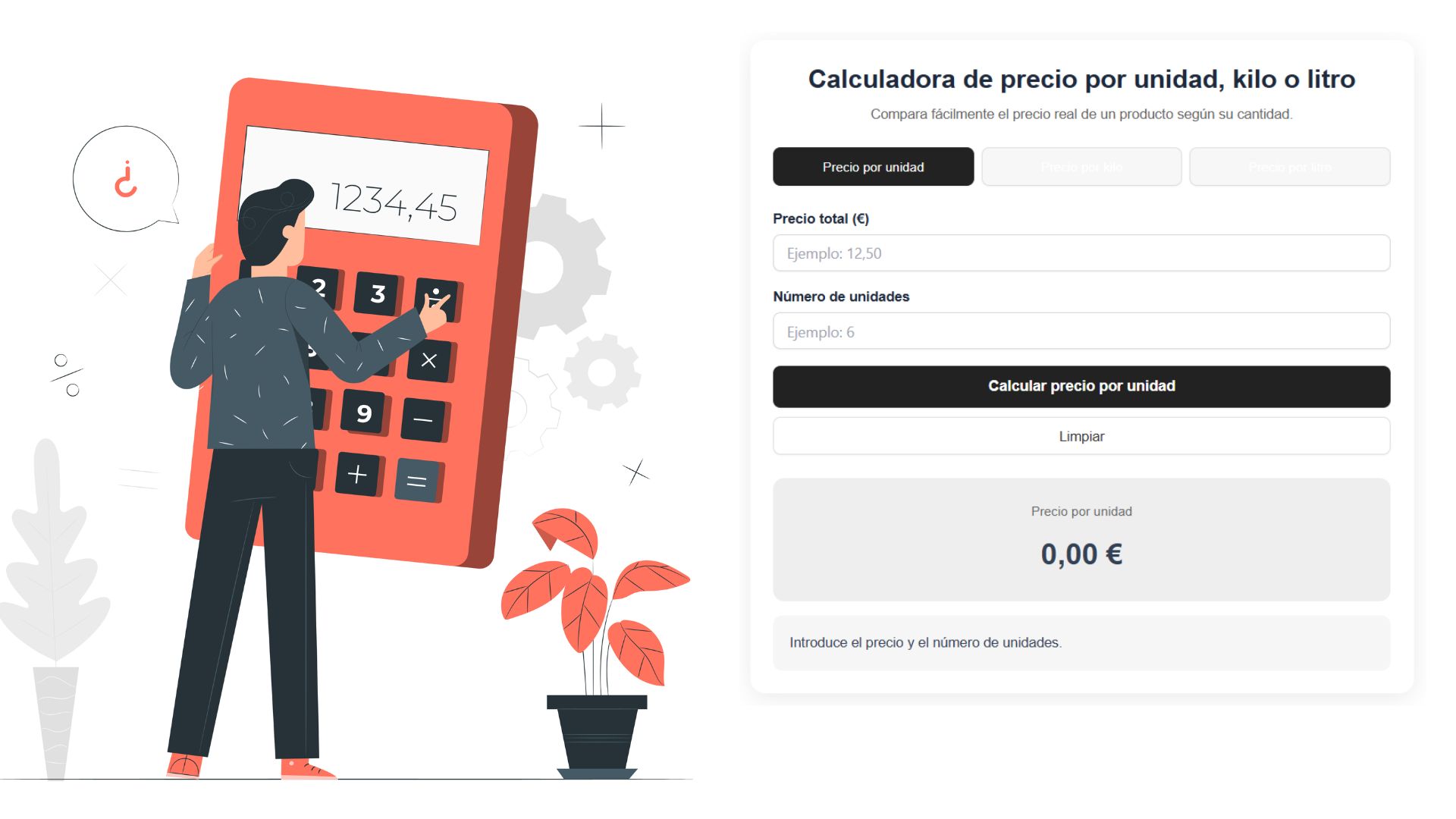 Calculadora de precio por kilo, litro y unidad
