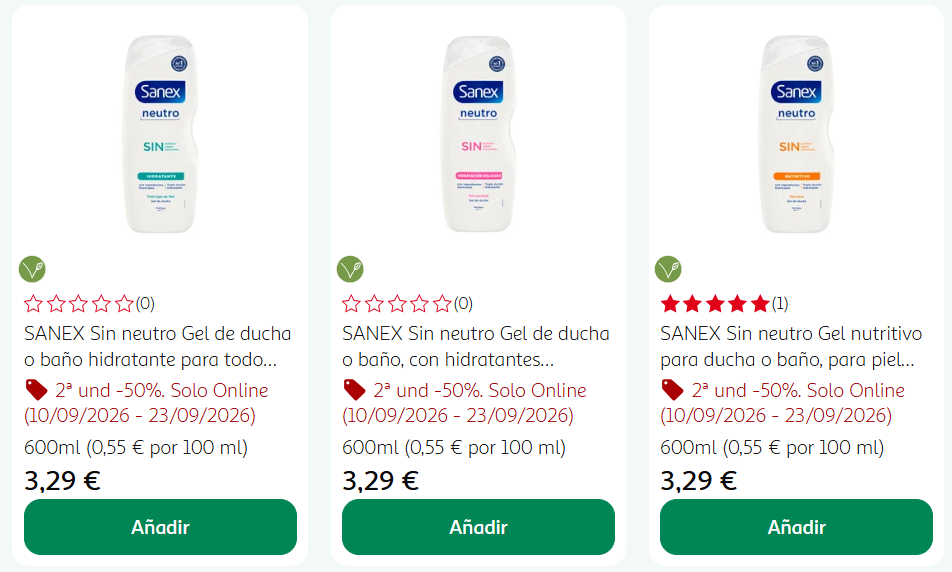 La oferta aplica un 50% de descuento en la segunda unidad y está disponible del 10 al 23 de septiembre de 2026, por lo que todavía se puede aprovechar. Los productos tienen un precio de 3,29 euros por unidad, con envases de 600 ml.