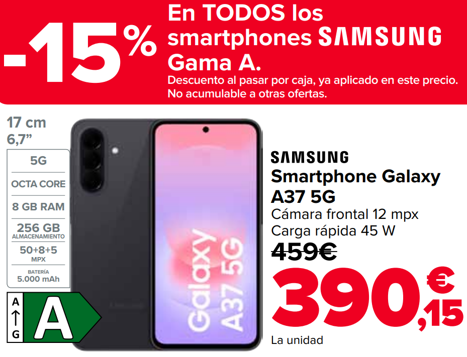 El catálogo muestra como ejemplo el Samsung Galaxy A37 5G, con pantalla de 6,7 pulgadas, 5G, 8 GB de RAM, 256 GB de almacenamiento, batería de 5.000 mAh, cámara frontal de 12 MP y carga rápida de 45 W.